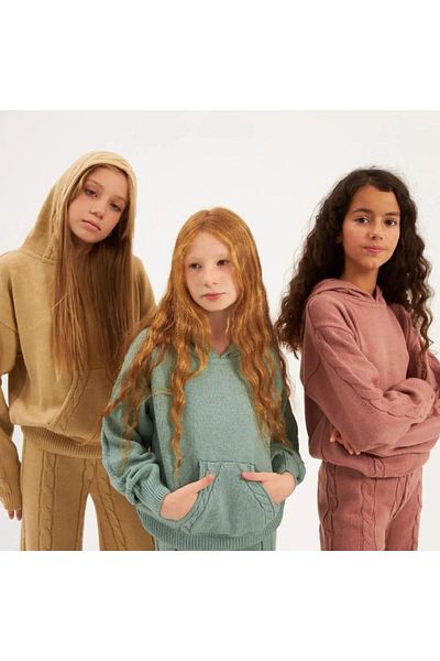 Hilal Akıncı Kids Twist Knit Detailed Hooded Knitwear Sweatshirt Knitwear Pants Set of 2