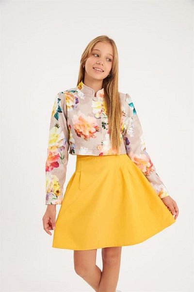 Hilal Akıncı Kids Girl's Floral Patterned Padded Crop Jacket Design Collet Detailed Skirt 2-Piece Set
