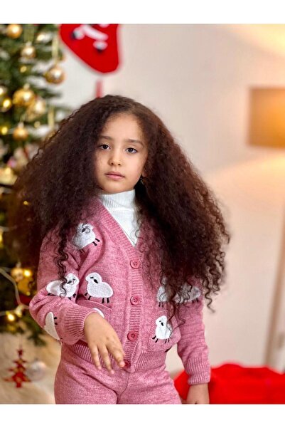 Hilal Akıncı Kids Tricotaj pentru fetiță, brodate de miel, cardigan, tricotaj cu picioare largi, pantaloni