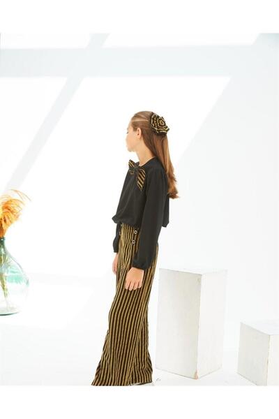 Hilal Akıncı Kids Girl's Black Blouse Striped Trousers Buckle 3-Piece Set