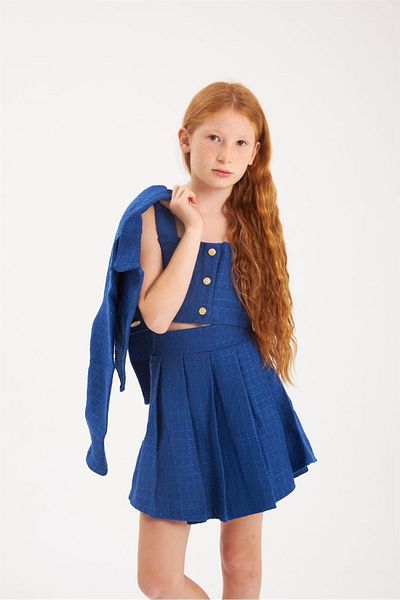 Hilal Akıncı Kids Girl's Gold Buttoned Jacket Thick Strap Crop Pleated Skirt Set of 3