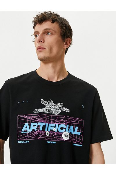 Koton Σλόγκαν εμπριμέ T-Shirt με λαιμόκοψη κοντό μανίκι βαμβακερό