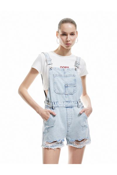 Koton Salopetă de pantaloni scurți din denim cu bretele mini, cu buzunare, cu detaliu de uzură