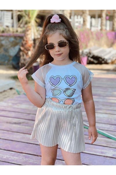 Hilal Akıncı Kids Girl's Glasses Detailed Cotton Combed Cotton T-Shirt Cotton Satin Pleated Skirt Set of 2