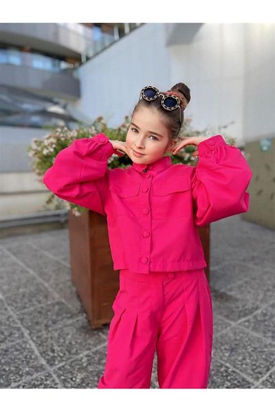 Hilal Akıncı Kids Girl's Judge Collar Balloon Sleeve Lined Crop Jacket Puff Detailed Harem Pants 2 Piece Set