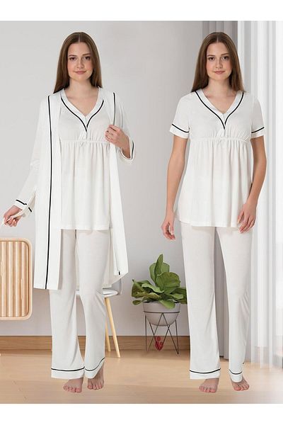 Lohussa Women's Ecru Special Design Strappy Cotton Maternity Maternity Dressing Gown Pajama Set Set