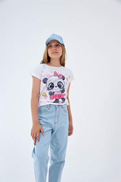 Hilal Akıncı Kids Girl's Patterned T-Shirt Panda Printed Jeans Pants Blue Hat...