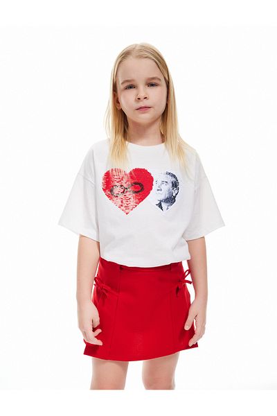Koton Short Sleeve Crew Neck Heart Sequin Sequined Turkish T-Shirt