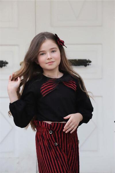 Hilal Akıncı Kids Girl's Black Blouse Striped Trousers Buckle 3-Piece Set