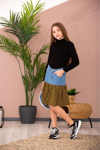 Hilal Akıncı Kids Girl's Black Knitwear Sweater Gingham Piece Denim Skirt Hat Set of 3