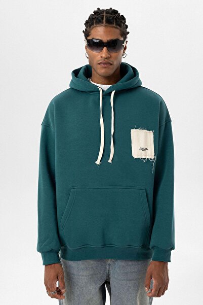 VAMOSCLO سترة بغطاء للرأس كبيرة الحجم مع تفاصيل ملصق بترولي