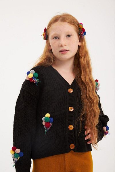 Hilal Akıncı Kids Girl's Embroidered Balloon Embroidered Black Knitwear Cardigan Colorful Pants Hair Clip Set of 3