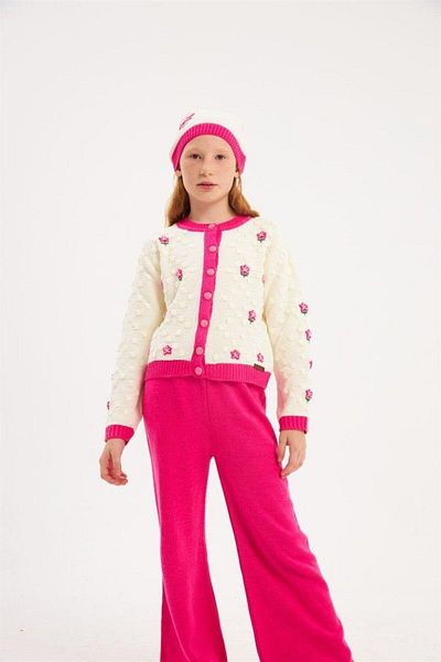 Hilal Akıncı Kids Girl's Flower Embroidered Knitwear Cardigan Colorful Trousers Beret 3 Piece Set