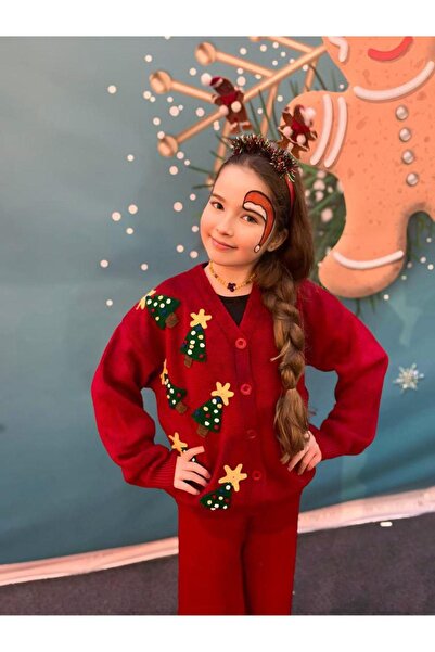 Hilal Akıncı Kids Girl's New Year Themed Knitwear Cardigan Beret Trousers 3-Piece Set