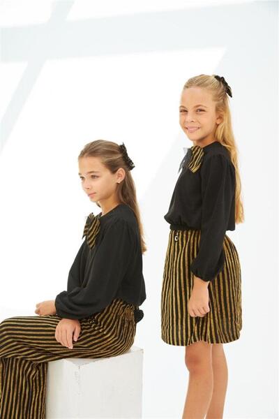 Hilal Akıncı Kids Kız Çocuk Siyah Bluz Çizgili Pantolon Toka 3'lü Takım