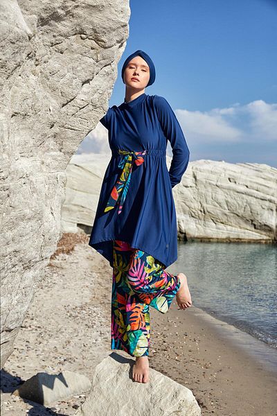 Adasea Navy Blue Women's Bloom Long Sleeve Hijab Swimsuit