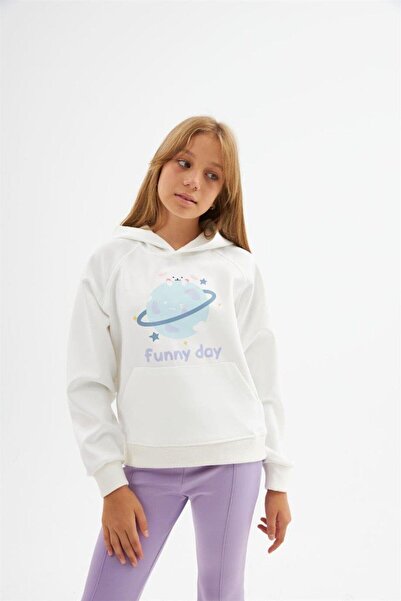 Hilal Akıncı Kids Girl's Design Printed White Sweatshirt Flared 2-Piece Set