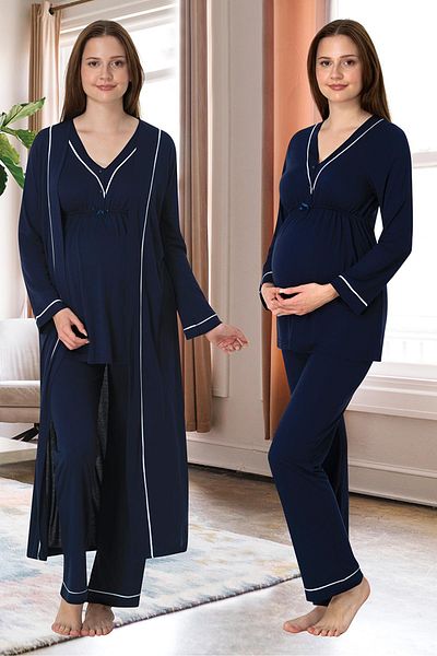 Lohussa Women's Navy Blue Special Design Cotton Long Sleeve Maternity Maternity Dressing Gown Pajama Set Set