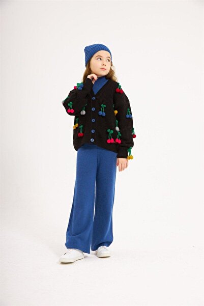 Hilal Akıncı Kids Κοριτσίστικο Κεράσι Κεντημένο Μαύρο Πλεκτό Ζακέτα Κοντό μανίκι Πλεκτό Παντελόνι Badi Σετ 4 τεμαχίων