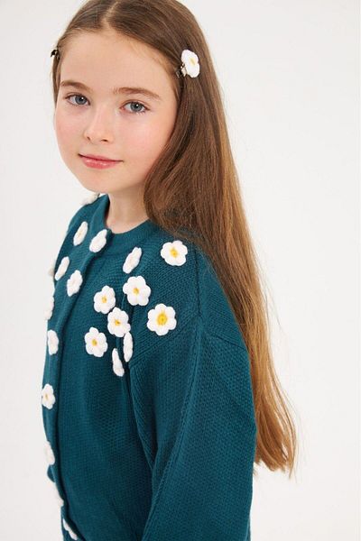 Hilal Akıncı Kids Girl's Snap Daisy Embroidered Sweater Cardigan Colorful Sweater Pants Hairpin 3-Piece Set