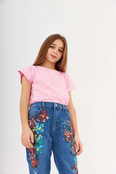 Hilal Akıncı Kids Girl's Solid Color T-Shirt Hand Painted Lycra Blue Jeans Set of 2