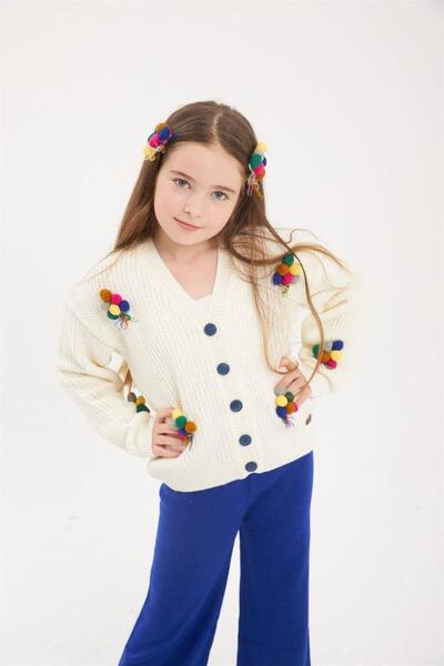 Hilal Akıncı Kids Κοριτσίστικο Κεντημένο Μπαλόνι Κεντημένο Λευκό Πλεκτό Ζακέτ...