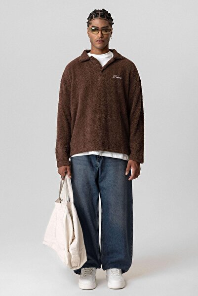 VAMOSCLO Yazı Detaylı Oversize Sweatshirt Kahve