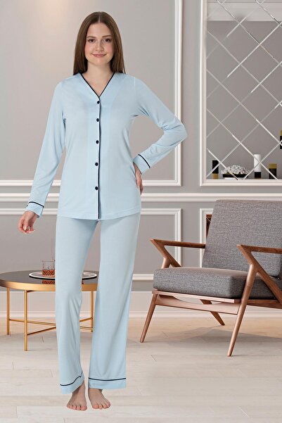 Lohussa Kadın Ekru Özel Tasarım Düğmeli Pamuklu Hamile Lohusa Sabahlık Pijama Takımı Set