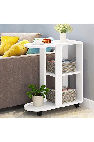 COOYA Modern Sofa Side Table, With Swivel Wheels, 3 Open  Storage Shelves, for Living Room, White