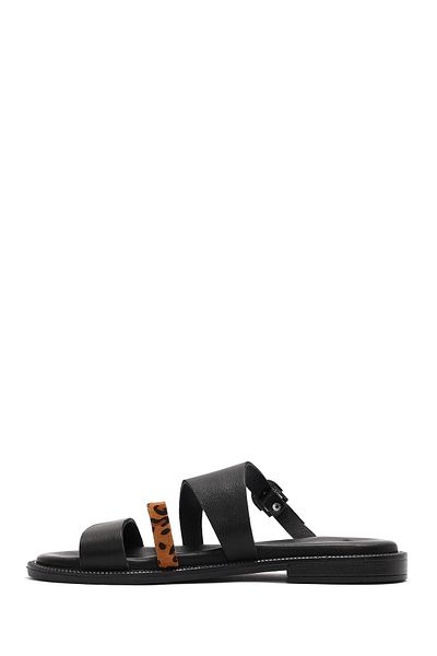 Derimod Women's Black Buckle Leopard Patterned Leather Slippers 25Sfd 200814