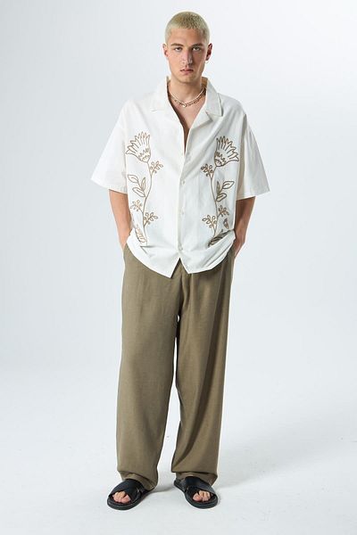 VAMOSCLO Khaki Color 100% Linen Baggy Pants