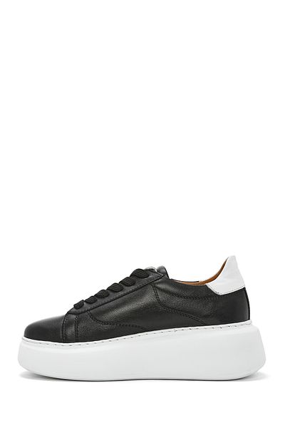 Derimod Women's Black Zippered Lace-Up Thick Sole Leather Sneaker 25Sfd 511118