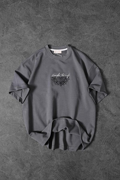 Slatra Men's Gray Simple Things Embroidered Oversize Tshirt