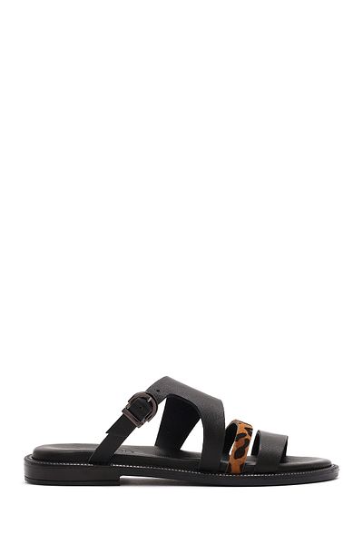 Derimod Women's Black Buckle Leopard Patterned Leather Slippers 25Sfd 200814
