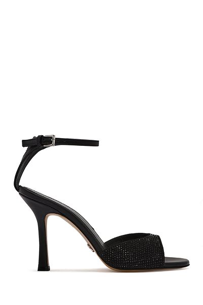 Derimod Women's Black Ankle Strap Stone Leather Thin High Heeled Shoes 25Sfd1201Ts