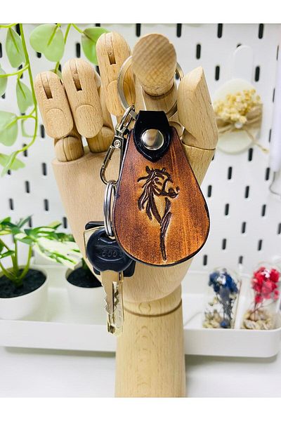 Atölyezümra Genuine Leather Printed Handmade Keychain (with Horse Figure)