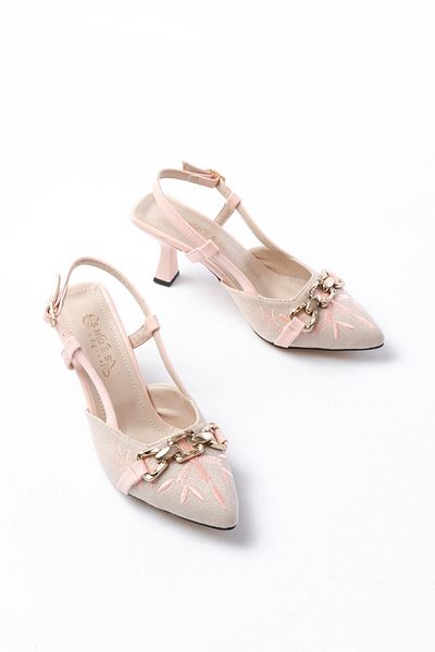 Aymood K-250 Powder Linen Daily Open Back Buckle Heeled Women's Shoes