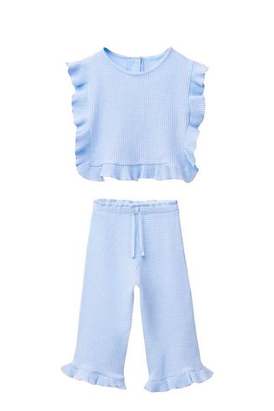 Monila Girl's Waffle Fabric Blouse and Pants Bottom Top Set