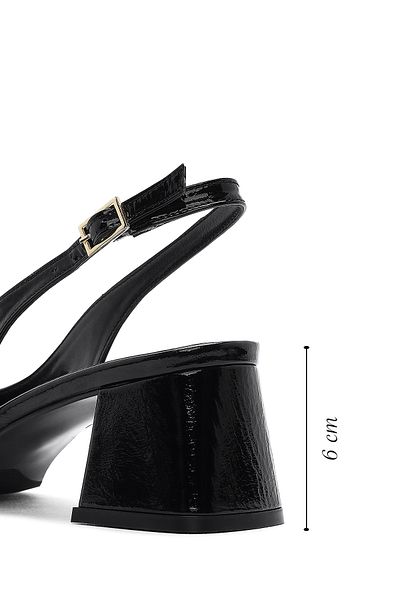 Derimod Women's Black Ankle Buckle Open Back Short Thick Heeled Patent Leather Shoes 25Sfd 182616