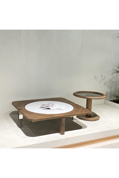 Trendat Square shaped wood and marble coffee table with round glass top side table