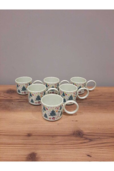 Keramika Büyük Halka Kuplu Çay Fincani Yeşil Çam Ağaçlı 6 Adet