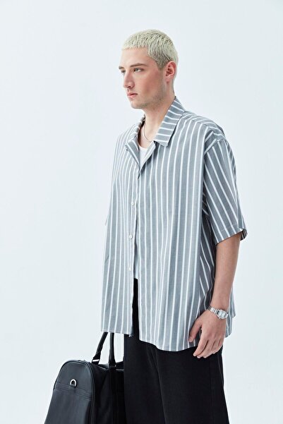 VAMOSCLO Striped Oversize Short Sleeve Shirt Anthracite