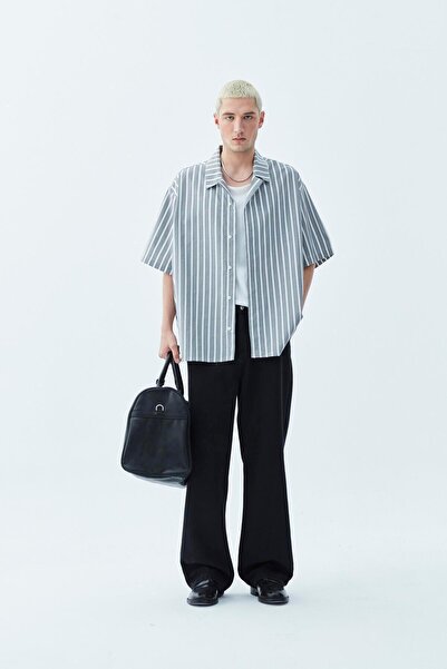 VAMOSCLO Striped Oversize Short Sleeve Shirt Anthracite