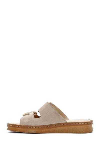 Derimod Women's Beige Buckle Suede Leather Comfort Slippers 25Sfd 340110