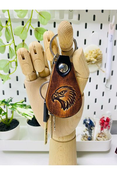 Atölyezümra Genuine Leather Printed Handmade Keychain (with Eagle Figure)