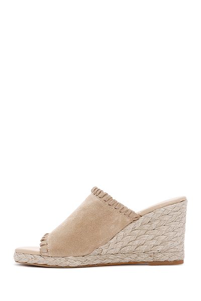 Derimod Papuci espadrille din piele de căprioară cu toc bej pentru femei 25SFD 150510