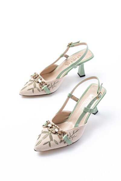Aymood K-250 Pistachio Green Linen Casual Women's Shoes with Open Back Buckle Heels