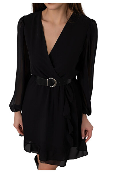 OIL PARK Kadın Kruvaze Yaka Kemerli Eteği Volanlı Kısa Şifon Elbise