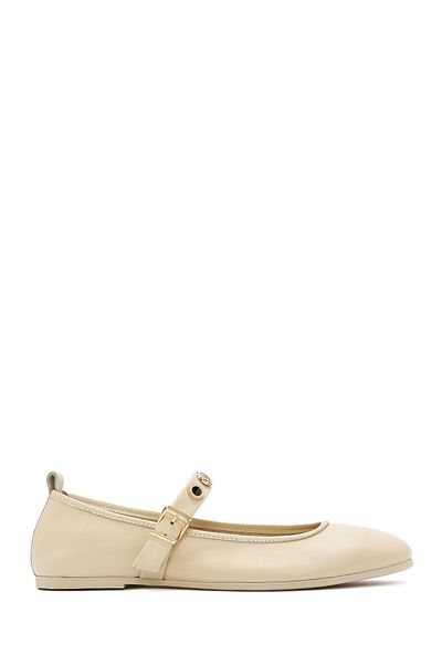 Derimod Women's Cream Buckle Leather Ballerinas 25Sfd 201918