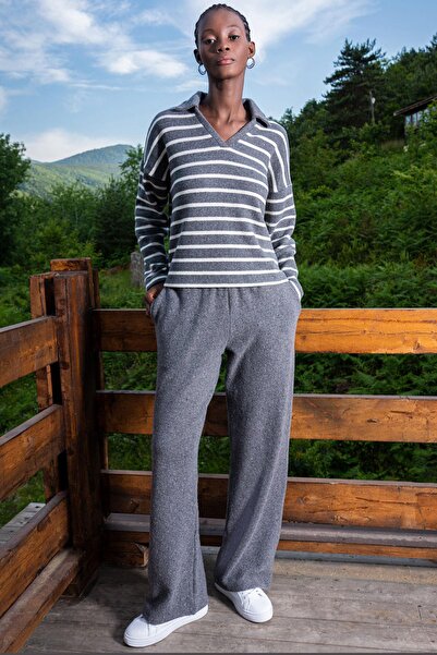 VİENETTA Vienetta Gri Kadın Uzun Kol Büyük Beden Lycralı Suprem Pantolon Takım